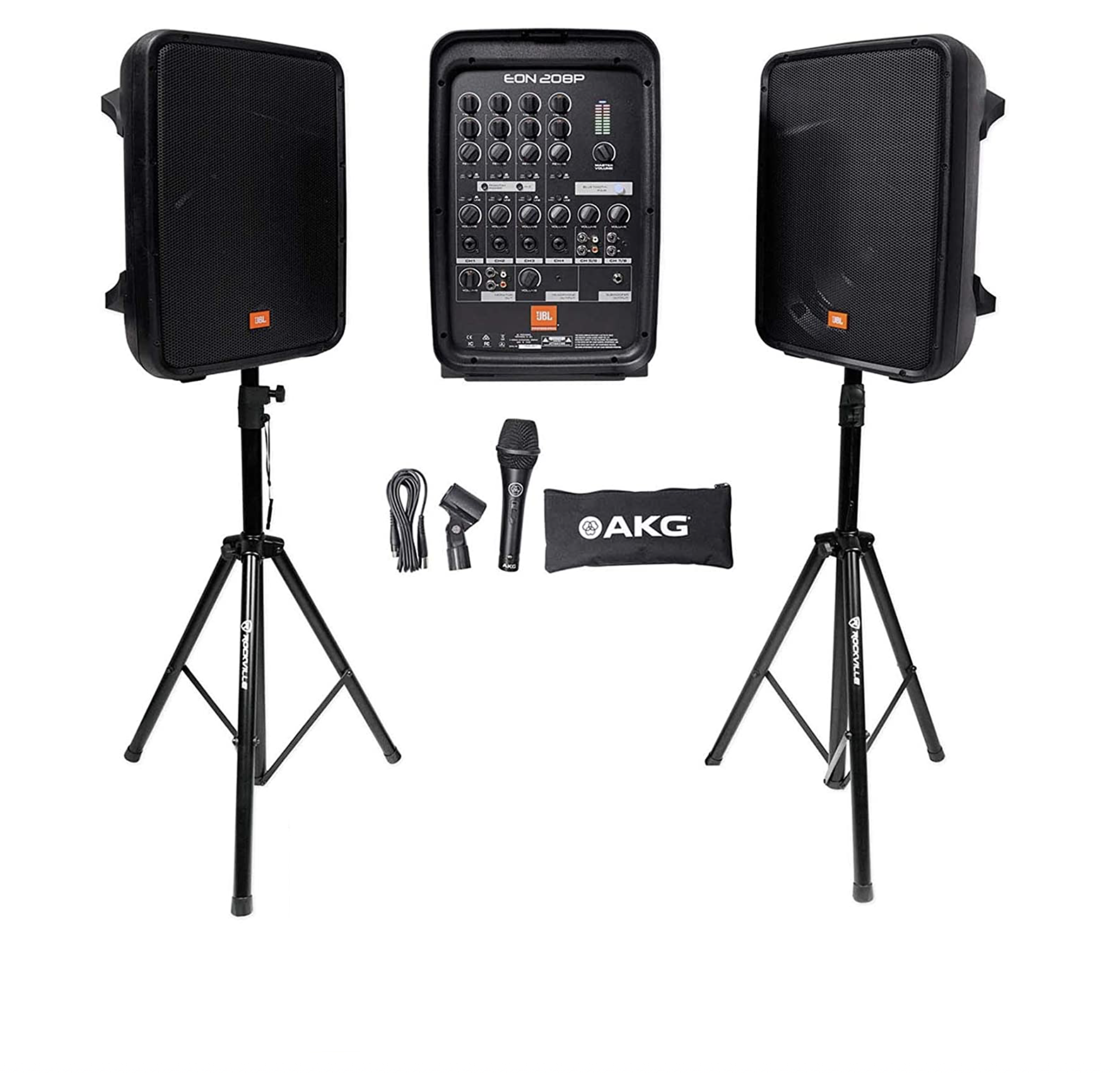 DJ equipment including speakers and microphone