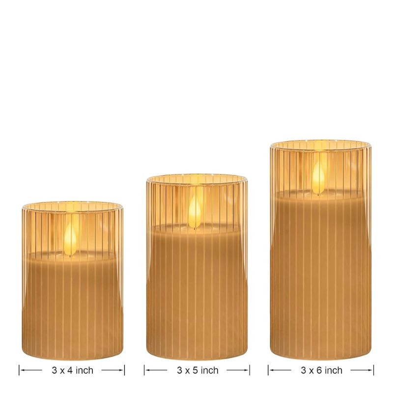 Gold Ribbed LED Flameless Candle - Set of 3 - Image 3