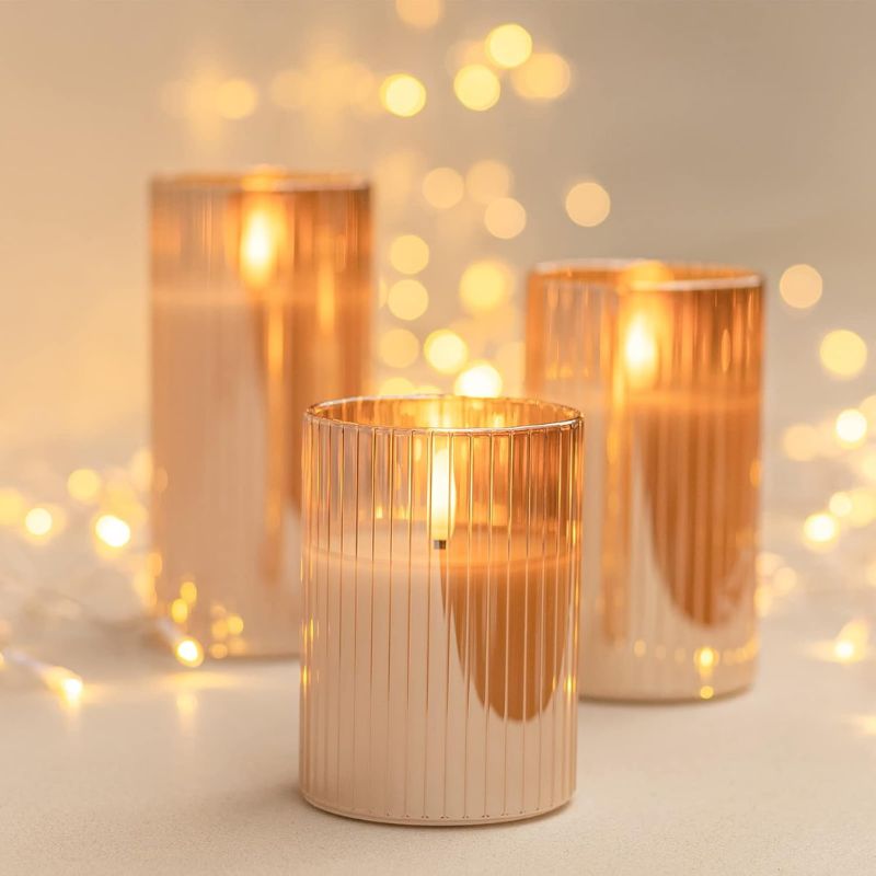 Gold Ribbed LED Flameless Candle - Set of 3 - Image 2
