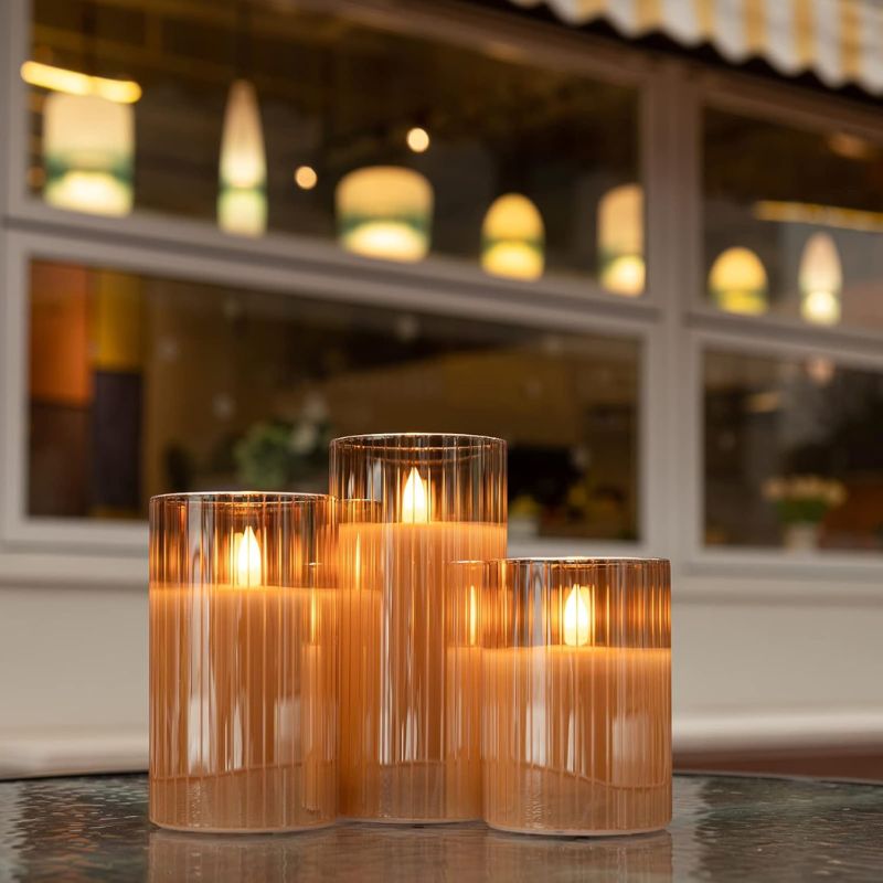 Gold Ribbed LED Flameless Candle - Set of 3